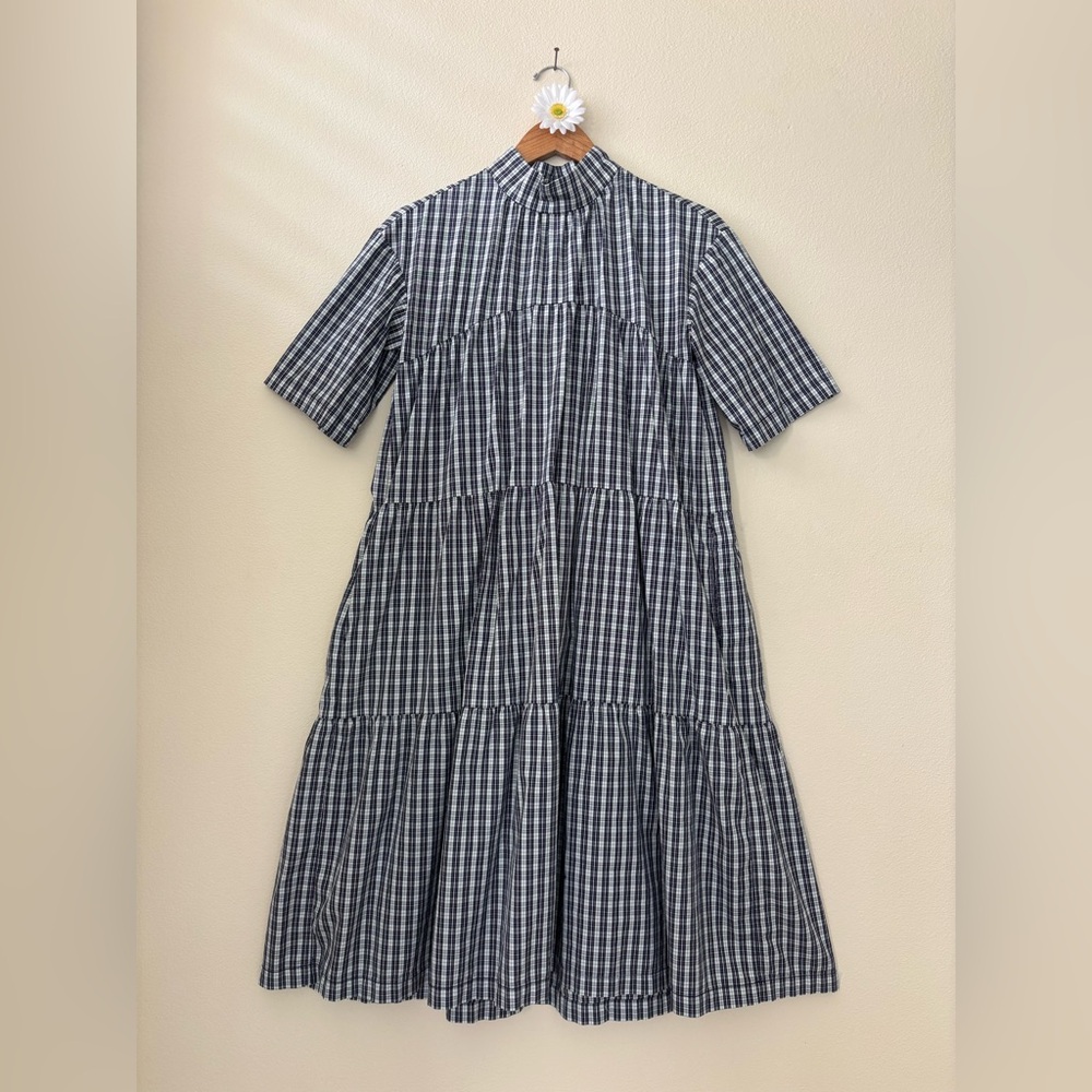 Everlane tiered mock neck dress in ice blue plaid. - Picture 2 of 6